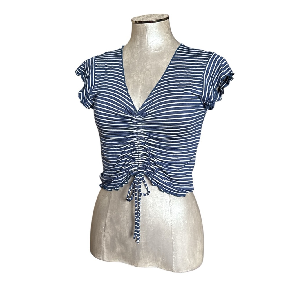 Anistar Women’s  White & Blue striped Ruched front Cap Sleeve Cropped Top Large